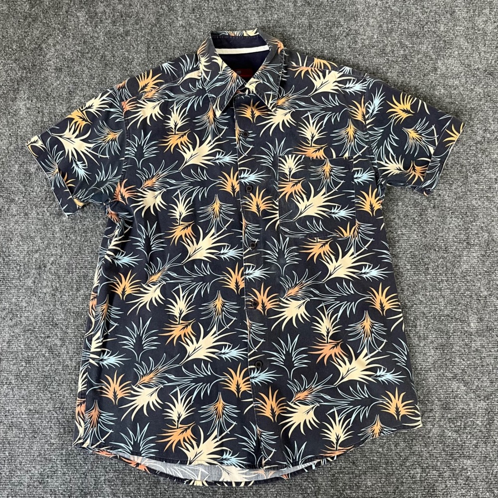 Oleg Cassini Mens Small Tropical Palm Print Button Down Shirt Navy Short Sleeve